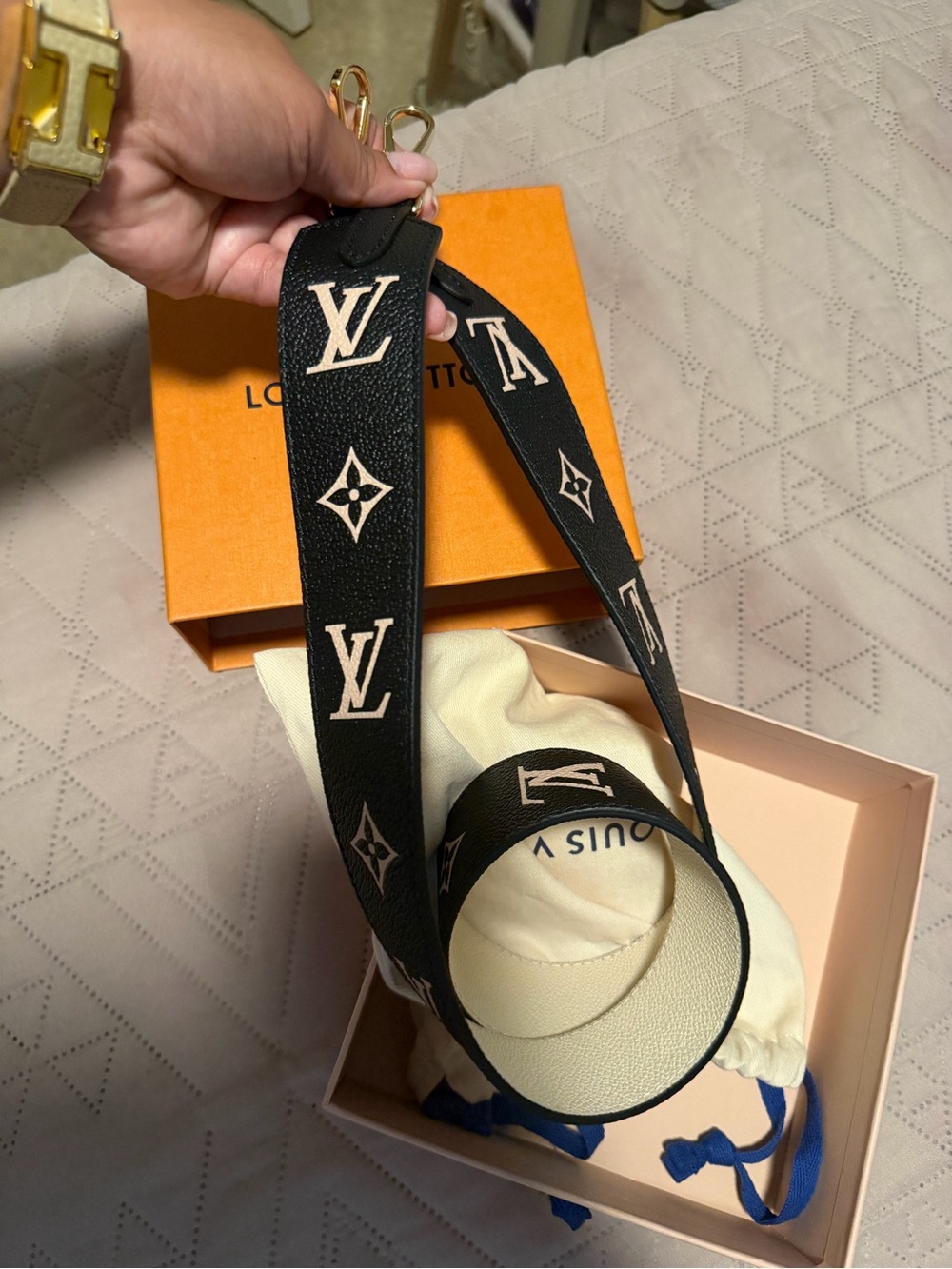 Louis Vuitton Black and Beige Monogram Strap with Gold Hardware